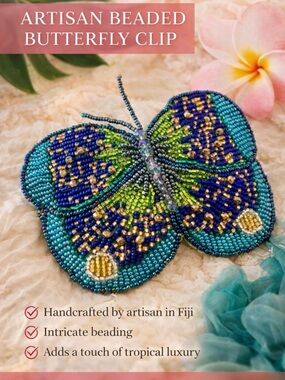 Beaded Butterfly Hair Clip Blue Green | Handmade Artisan Boho Hair Accessory